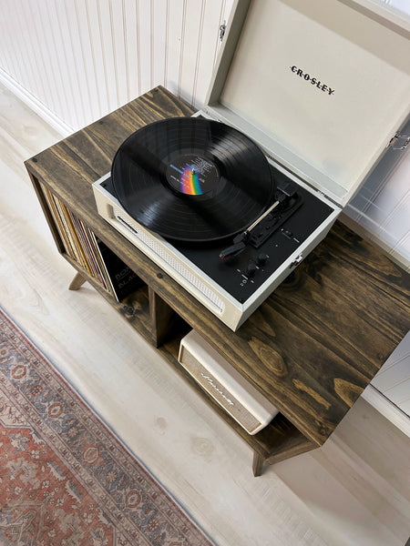 Large Record Player Stand MCM Table with Wooden Legs for Records Modern Unit Vinyl Record Storage